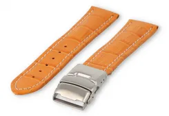 Horlogeband met vouwsluiting 20mm oranje leer met wit stiksel