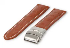 Watch band with security folding clasp 22mm light-brown leather with white stitches