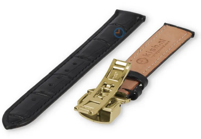 Luxury Festina watch strap black leather - butterfly clasp (gold) - 16mm