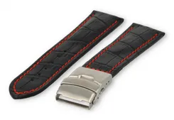Horlogeband met vouwsluiting 26mm zwart leer met rood stiksel