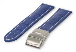 Watch band with security folding clasp 26mm royal-blue leather with white stitches