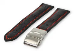 Watch band with security folding clasp 22mm black leather with red stitches