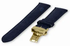Luxe Edox horlogeband donkerblauw leer - vlindersluiting (goud) - 20mm
