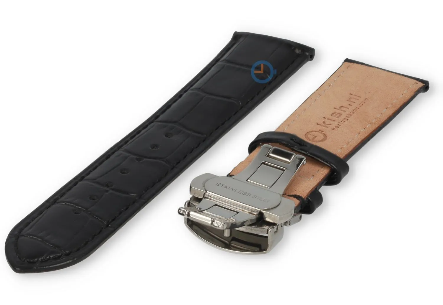 Klassieke horlogeband zwart leer - vlindersluiting - 22mm