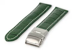 Watch band with security folding clasp 20mm green leather with white stitches