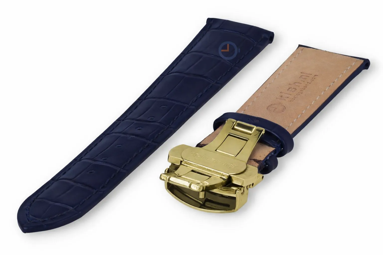 Luxuriöses Edox-Uhrenarmband aus dunkelblauem Leder – Faltschließe (gold) – 22 mm