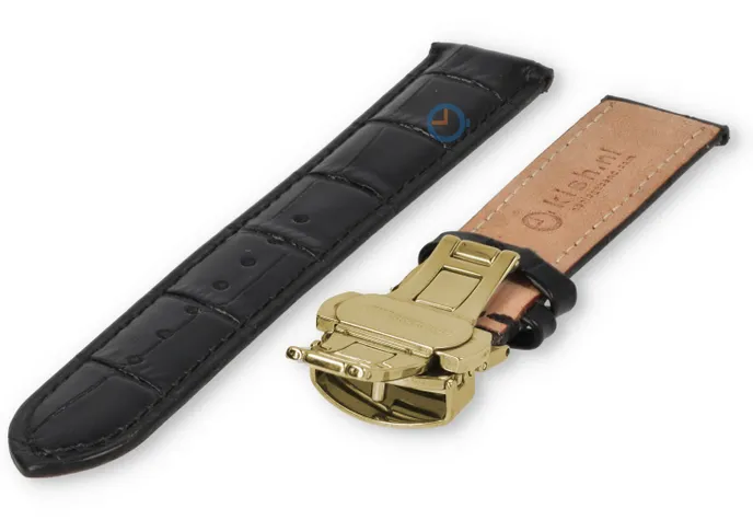 Luxury Hamilton watch strap black leather - butterfly clasp (gold) - 20mm