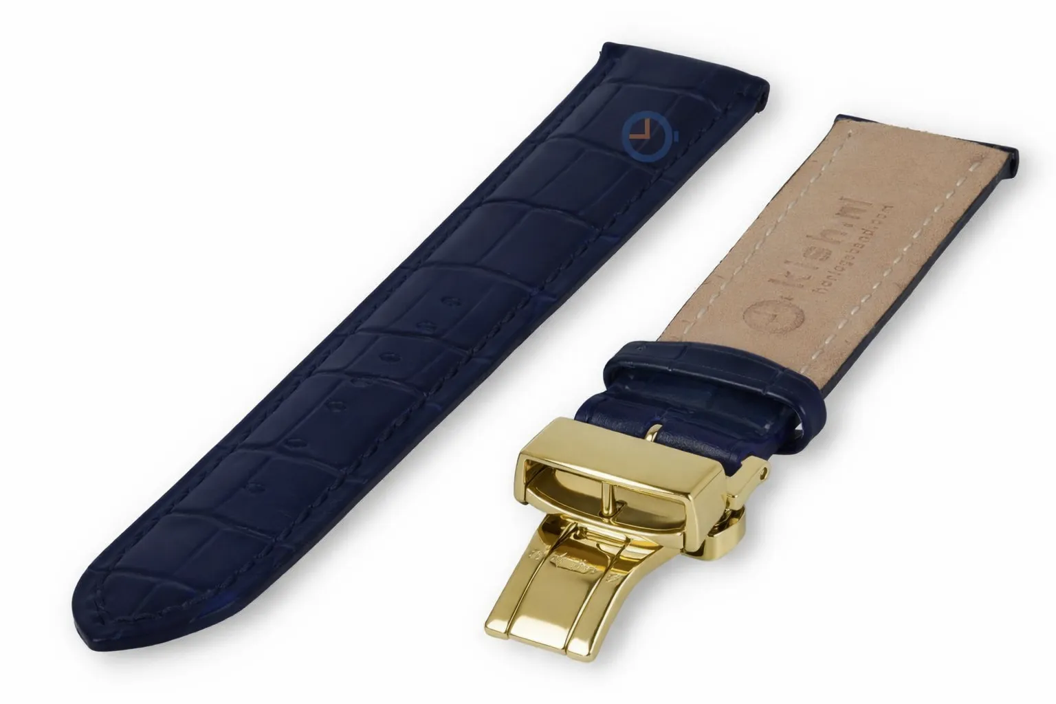Classic dark blue leather watch strap - butterfly clasp (gold) - 18mm