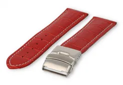 Watch band with security folding clasp 24mm red leather with white stitches