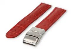 Watch band with security folding clasp 18mm red leather