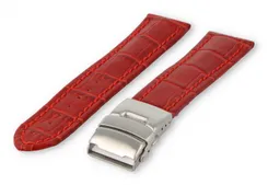 Watch band with security folding clasp 24mm red leather