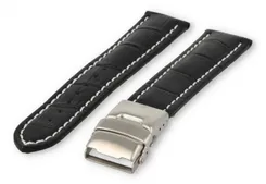 Watch band with security folding clasp 20mm black leather with white stitches