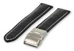 Watch band with security folding clasp 26mm black leather with white stitches