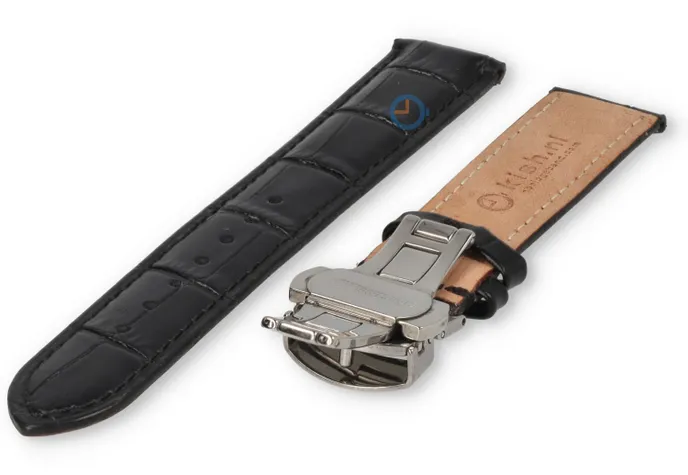 Luxe Edox horlogeband zwart leer - vlindersluiting - 20mm