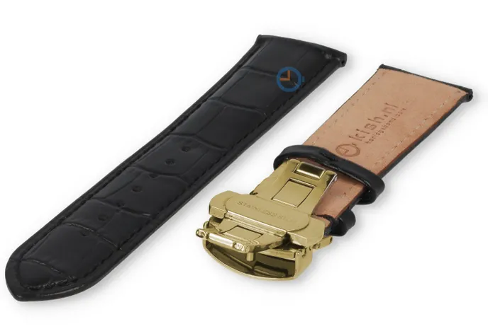 Luxury Hamilton watch strap black leather - butterfly clasp (gold) - 22mm