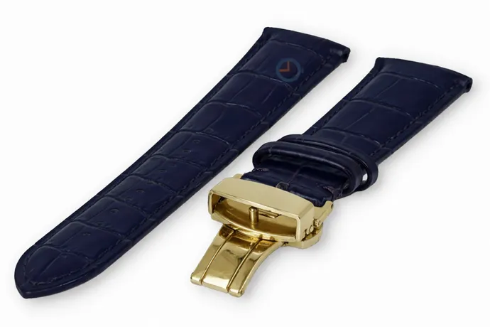 Luxe Festina horlogeband donkerblauw leer - vlindersluiting (goud) - 22mm