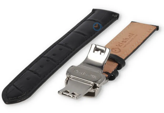 Luxe Edox horlogeband zwart leer - vlindersluiting - 18mm
