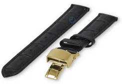 Luxe Edox horlogeband zwart leer - vlindersluiting (goud) - 16mm