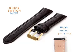 Quick Switch horlogeband 16mm zwart leer - gouden gesp
