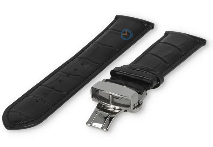 Klassieke horlogeband zwart leer - vlindersluiting - 22mm