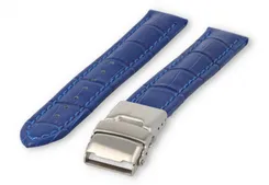 Watch band with security folding clasp 18mm royal-blue leather