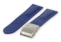 Watch band with security folding clasp 26mm royal-blue leather