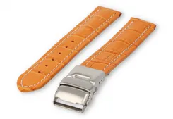 Watch band with security folding clasp 18mm orange leather with white stitches