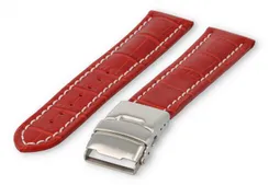 Watch band with security folding clasp 22mm orange leather with white stitches