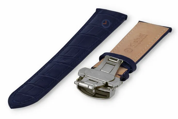 Luxuriöses Edox-Uhrenarmband aus dunkelblauem Leder – Faltschließe – 20 mm