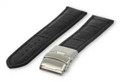 Watch band with security folding clasp 24mm black leather