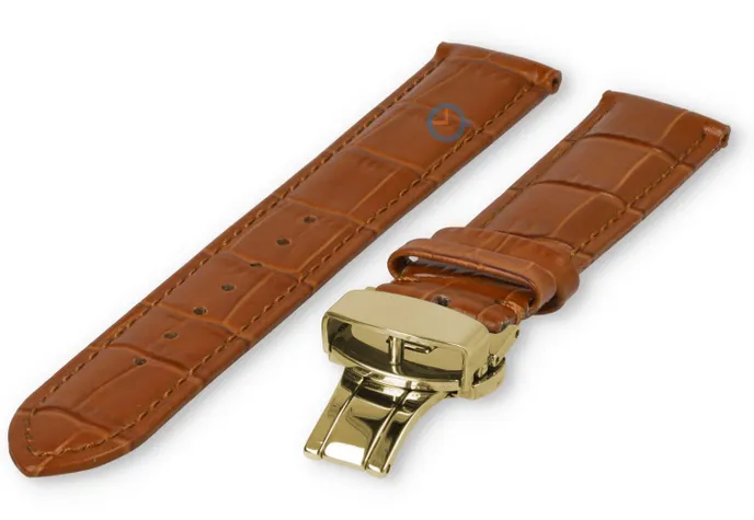 Klassieke horlogeband lichtbruin leer - vlindersluiting (goud) - 18mm
