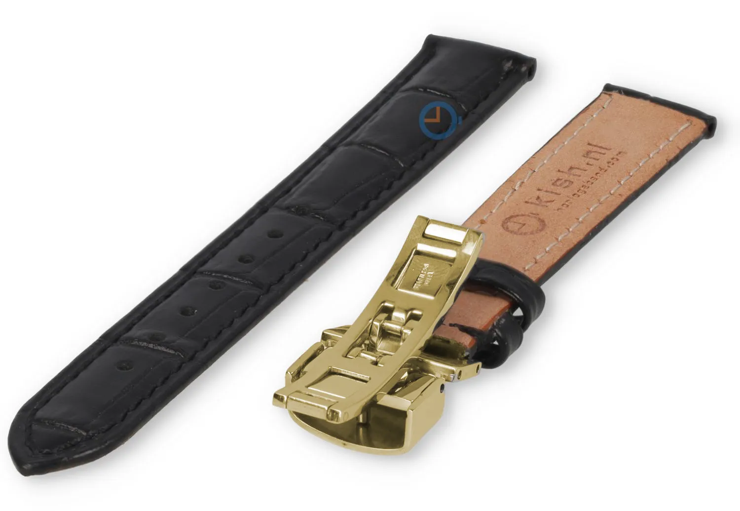 Luxuriöses Edox-Uhrenarmband aus schwarzem Leder – Faltschließe (gold) – 16 mm