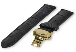 Luxe Edox horlogeband zwart leer - vlindersluiting (goud) - 20mm
