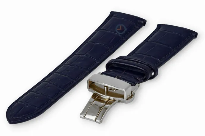 Luxe Edox horlogeband donkerblauw leer - vlindersluiting - 22mm