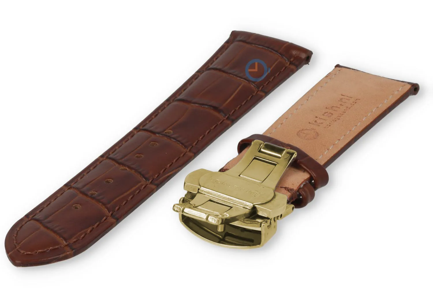 Luxuriöses Edox-Uhrenarmband aus dunkelbraunem Leder – Faltschließe (gold) – 22 mm